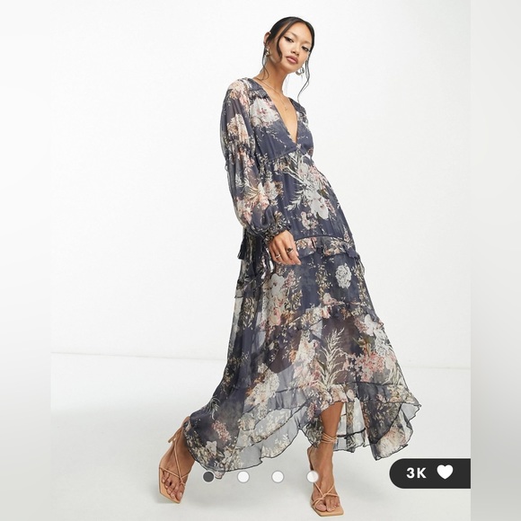 ASOS DESIGN pleated layered tiered midi dress in navy floral print - Picture 1 of 6